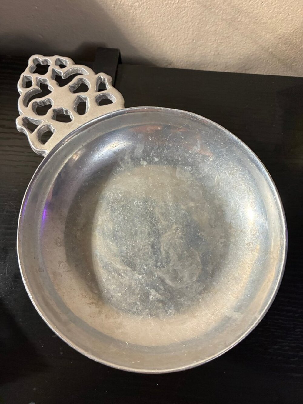 Vintage RWP Wilton Pewter Porringer Bowl Ornate Openwork Handle 6"